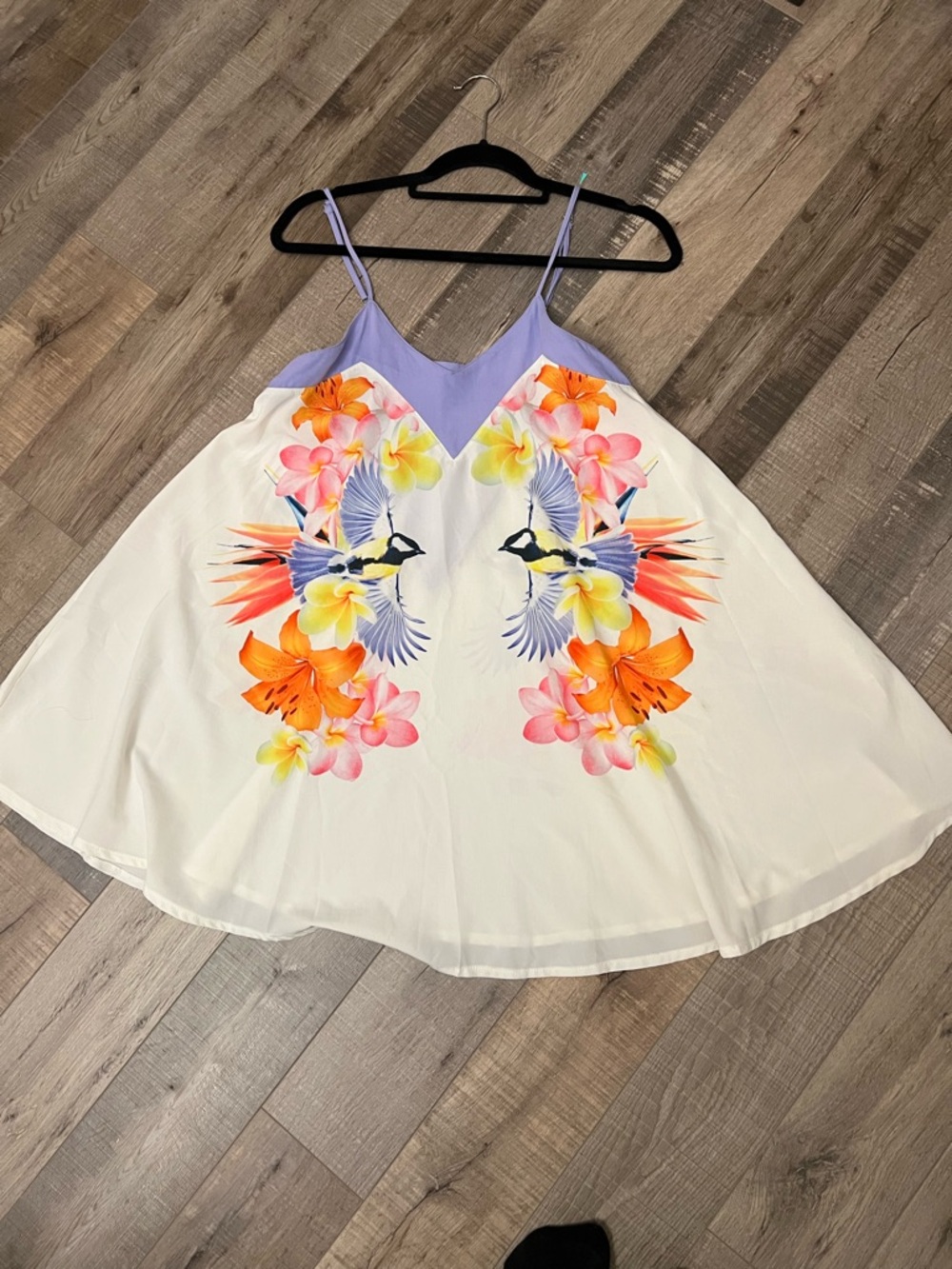 White Floral & Bird Mini Dress with Lavender Bodice size XS NWOT - Picture 2 of 11
